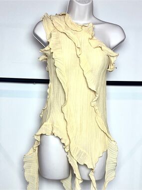 Zara Light Yellow Ruffle Asymmetric One-Shoulder Top